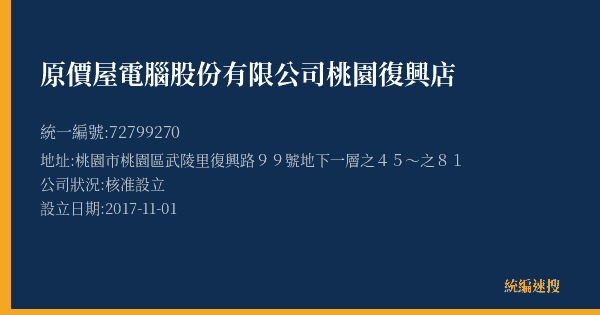 原價屋電腦股份有限公司桃園復興店的照片-統編 72799270(桃園市) 公司登記資料與營業項目詳細圖表