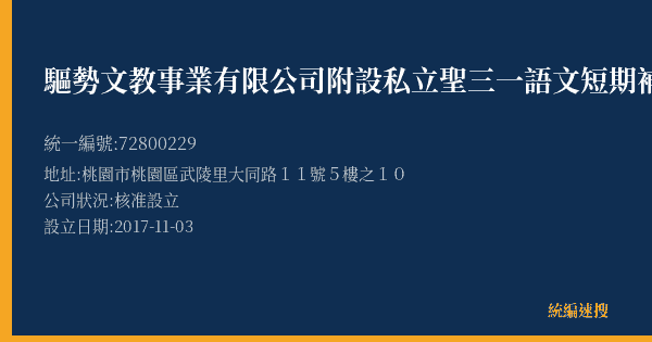 驅勢文教事業有限公司附設私立聖三一語文短期補習班的照片-統編 72800229(桃園市) 公司登記資料與營業項目詳細圖表