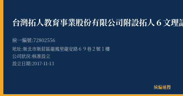 台灣拓人教育事業股份有限公司附設拓人6文理語文短期補習班的照片-統編 72802556(新北市) 公司登記資料與營業項目詳細圖表