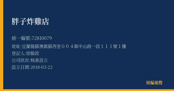 胖子炸雞店的照片-統編 72810079(宜蘭縣) 公司登記資料與營業項目詳細圖表