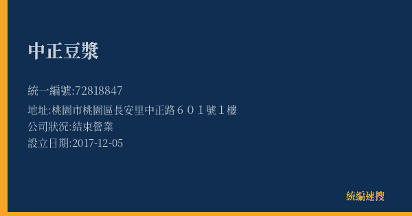 中正豆漿的照片-統編 72818847(桃園市) 公司登記資料與營業項目詳細圖表