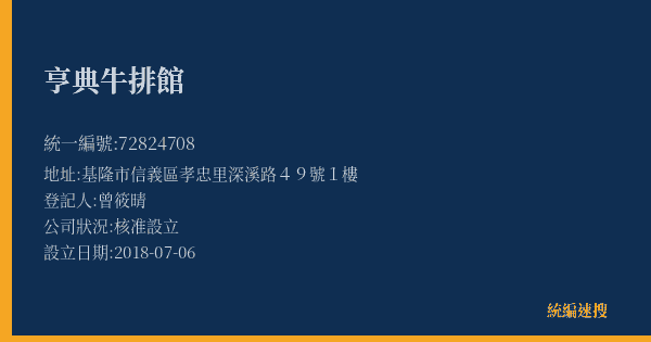 亨典牛排館的照片-統編 72824708(基隆市) 公司登記資料與營業項目詳細圖表