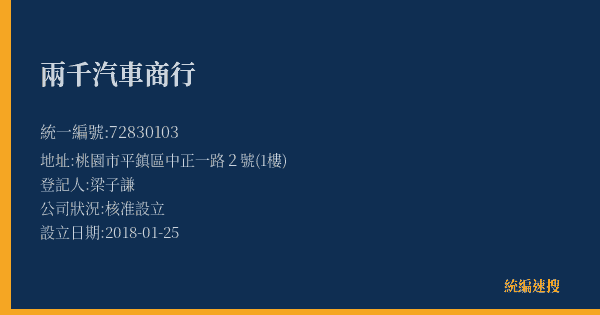 兩千汽車商行的照片-統編 72830103(桃園市) 公司登記資料與營業項目詳細圖表