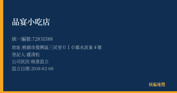 品宴小吃店的照片-統編 72831588(桃園市) 公司登記資料與營業項目詳細圖表