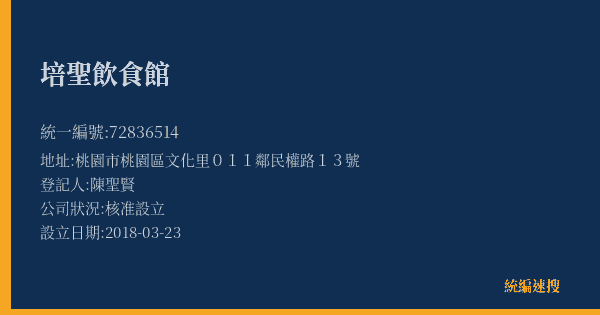 培聖飲食館的照片-統編 72836514(桃園市) 公司登記資料與營業項目詳細圖表
