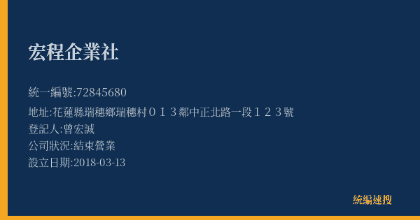 宏程企業社的照片-統編 72845680(花蓮縣) 公司登記資料與營業項目詳細圖表
