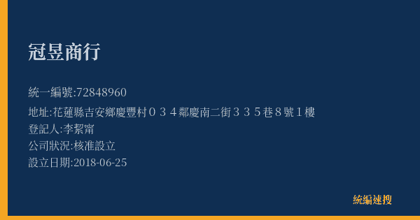 冠昱商行的照片-統編 72848960(花蓮縣) 公司登記資料與營業項目詳細圖表