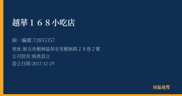 越華168小吃店的照片-統編 72855357(新北市) 公司登記資料與營業項目詳細圖表