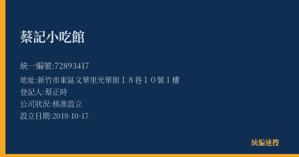 蔡記小吃館的照片-統編 72893417(新竹市) 公司登記資料與營業項目詳細圖表