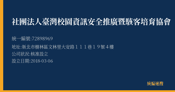 社團法人臺灣校園資訊安全推廣暨駭客培育協會的照片-統編 72898969(新北市) 公司登記資料與營業項目詳細圖表