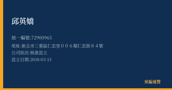 邱英嬌的照片-統編 72900965(新北市) 公司登記資料與營業項目詳細圖表