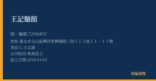 王記麵館的照片-統編 72916853(臺北市) 公司登記資料與營業項目詳細圖表
