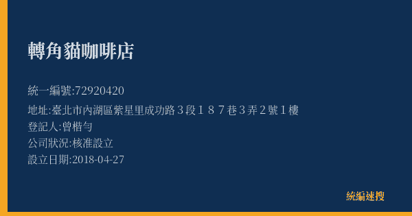 轉角貓咖啡店的照片-統編 72920420(臺北市) 公司登記資料與營業項目詳細圖表