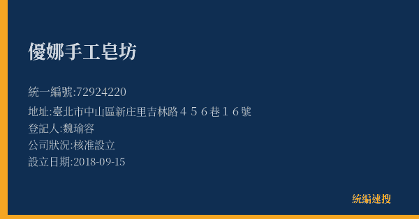 優娜手工皂坊的照片-統編 72924220(臺北市) 公司登記資料與營業項目詳細圖表