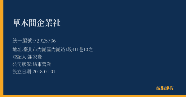 草木間企業社的照片-統編 72925706(臺北市) 公司登記資料與營業項目詳細圖表