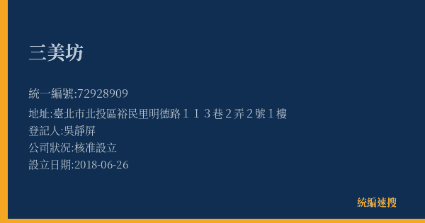 三美坊的照片-統編 72928909(臺北市) 公司登記資料與營業項目詳細圖表