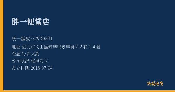 胖一便當店的照片-統編 72930291(臺北市) 公司登記資料與營業項目詳細圖表