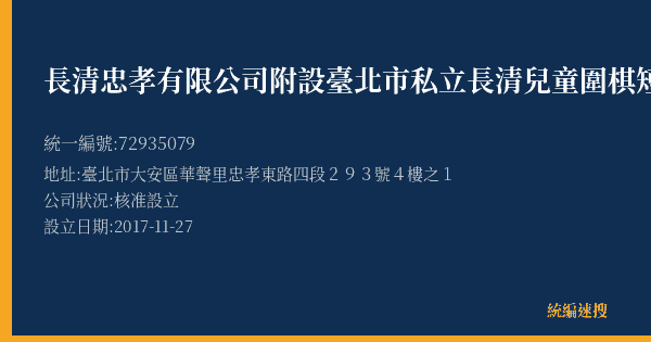 長清忠孝有限公司附設臺北市私立長清兒童圍棋短期補習班的照片-統編 72935079(臺北市) 公司登記資料與營業項目詳細圖表