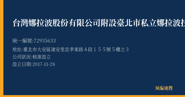 台灣娜拉波股份有限公司附設臺北市私立娜拉波技藝短期補習班的照片-統編 72935633(臺北市) 公司登記資料與營業項目詳細圖表