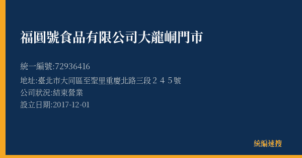 福圓號食品有限公司大龍峒門市的照片-統編 72936416(臺北市) 公司登記資料與營業項目詳細圖表
