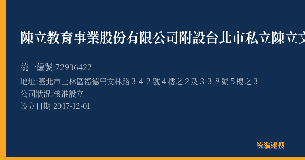陳立教育事業股份有限公司附設台北市私立陳立文理短期補習班士林分班的照片-統編 72936422(臺北市) 公司登記資料與營業項目詳細圖表