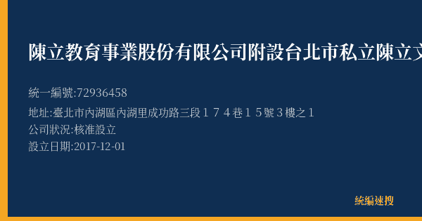 陳立教育事業股份有限公司附設台北市私立陳立文理短期補習班內湖分班的照片-統編 72936458(臺北市) 公司登記資料與營業項目詳細圖表