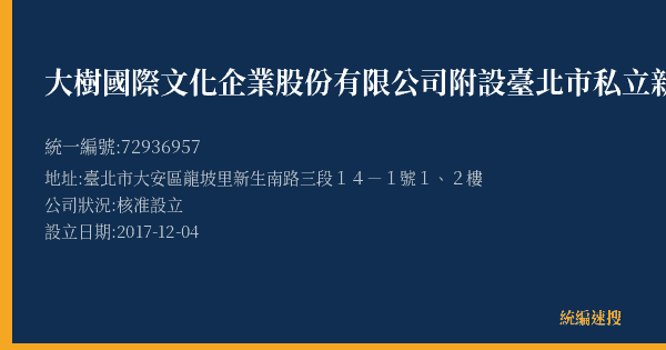 大樹國際文化企業股份有限公司附設臺北市私立新和文理短期補習班的照片-統編 72936957(臺北市) 公司登記資料與營業項目詳細圖表
