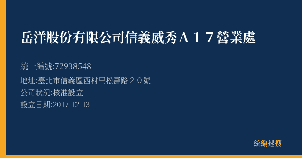 岳洋股份有限公司信義威秀A17營業處的照片-統編 72938548(臺北市) 公司登記資料與營業項目詳細圖表