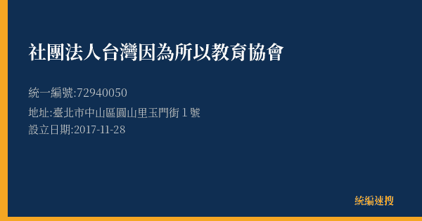 社團法人台灣因為所以教育協會的照片-統編 72940050(臺北市) 公司登記資料與營業項目詳細圖表