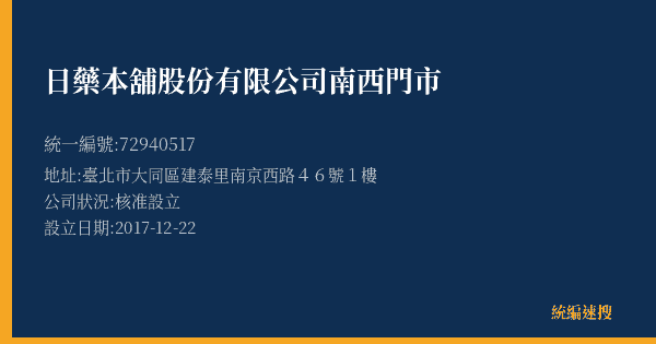 日藥本舖股份有限公司南西門市的照片-統編 72940517(臺北市) 公司登記資料與營業項目詳細圖表
