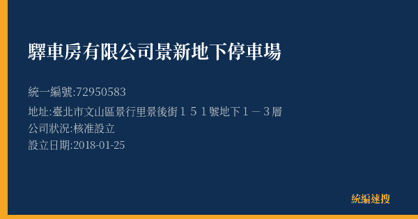 驛車房有限公司景新地下停車場的照片-統編 72950583(臺北市) 公司登記資料與營業項目詳細圖表