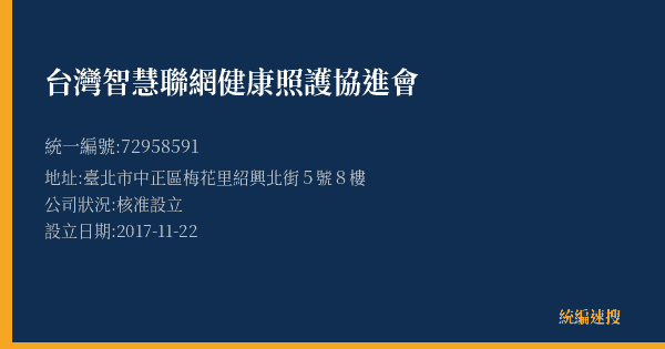 台灣智慧聯網健康照護協進會的照片-統編 72958591(臺北市) 公司登記資料與營業項目詳細圖表