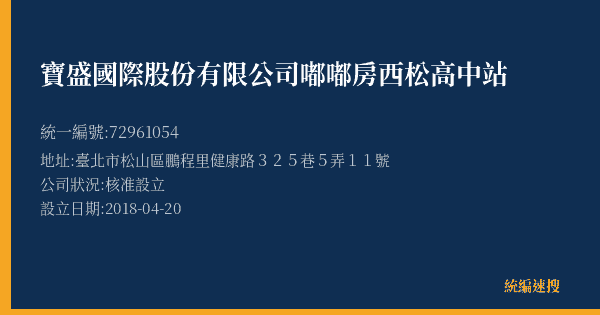 寶盛國際股份有限公司嘟嘟房西松高中站的照片-統編 72961054(臺北市) 公司登記資料與營業項目詳細圖表