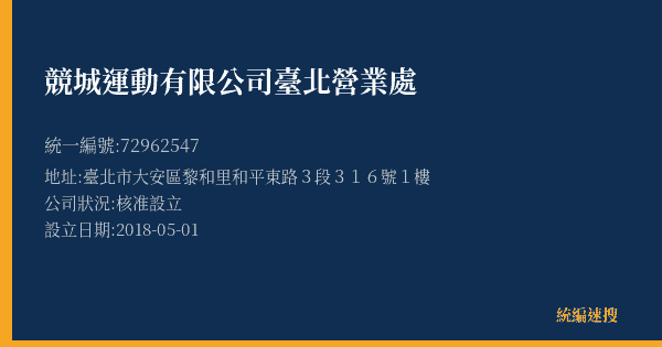 競城運動有限公司臺北營業處的照片-統編 72962547(臺北市) 公司登記資料與營業項目詳細圖表