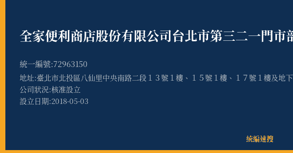全家便利商店股份有限公司台北市第三二一門市部的照片-統編 72963150(臺北市) 公司登記資料與營業項目詳細圖表