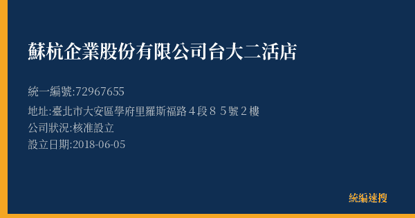 蘇杭企業股份有限公司台大二活店的照片-統編 72967655(臺北市) 公司登記資料與營業項目詳細圖表