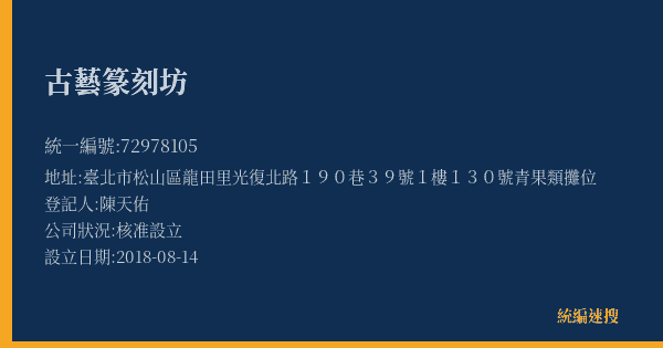 古藝篆刻坊的照片-統編 72978105(臺北市) 公司登記資料與營業項目詳細圖表