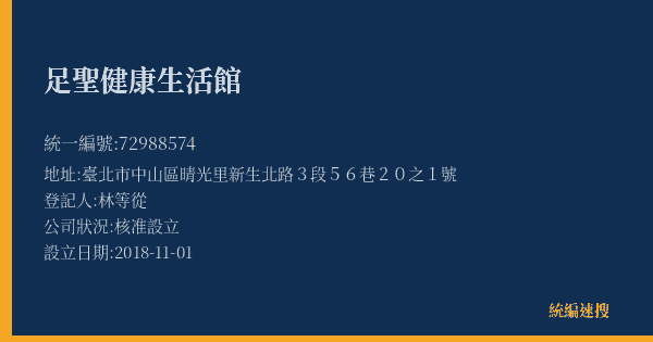 足聖健康生活館的照片-統編 72988574(臺北市) 公司登記資料與營業項目詳細圖表