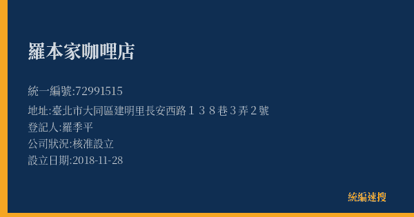 羅本家咖哩店的照片-統編 72991515(臺北市) 公司登記資料與營業項目詳細圖表