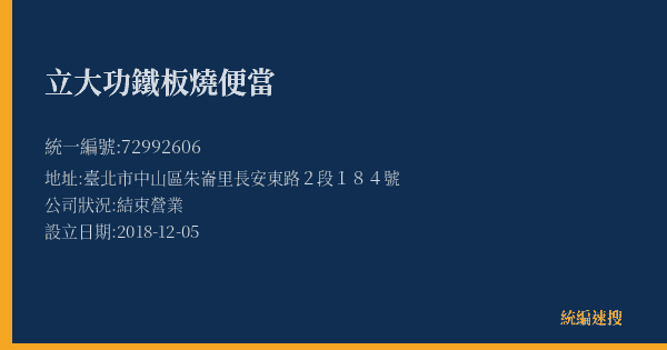 立大功鐵板燒便當的照片-統編 72992606(臺北市) 公司登記資料與營業項目詳細圖表