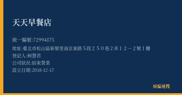 天天早餐店的照片-統編 72994175(臺北市) 公司登記資料與營業項目詳細圖表