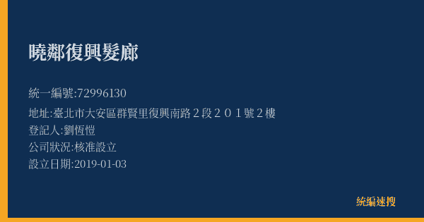 曉鄰復興髮廊的照片-統編 72996130(臺北市) 公司登記資料與營業項目詳細圖表