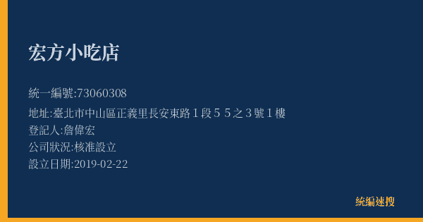 宏方小吃店的照片-統編 73060308(臺北市) 公司登記資料與營業項目詳細圖表