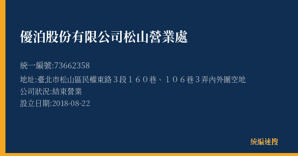 優泊股份有限公司松山營業處的照片-統編 73662358(臺北市) 公司登記資料與營業項目詳細圖表