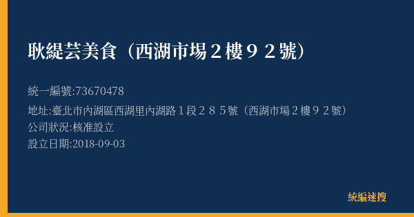 耿緹芸美食(西湖市埸2樓92號)的照片-統編 73670478(臺北市) 公司登記資料與營業項目詳細圖表