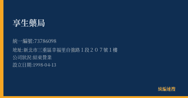 享生藥局的照片-統編 73786098(新北市) 公司登記資料與營業項目詳細圖表