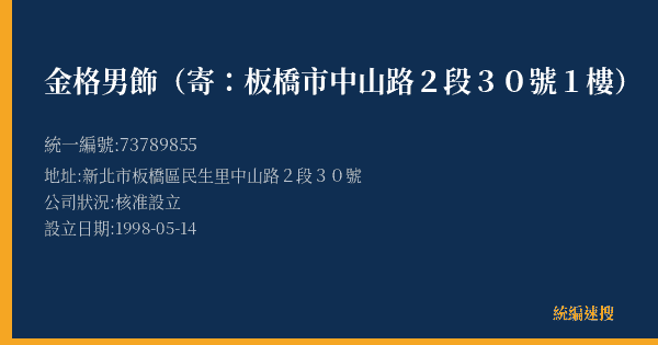 金格男飾(寄:板橋市中山路2段30號1樓)的照片-統編 73789855(新北市) 公司登記資料與營業項目詳細圖表