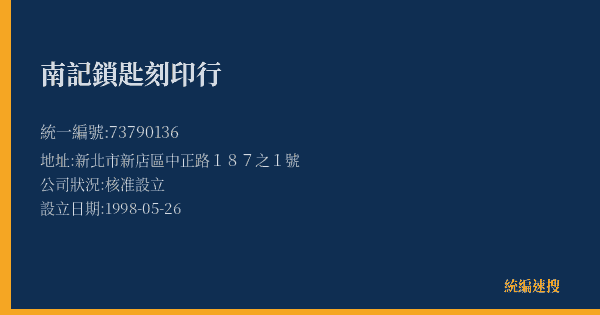 南記鎖匙刻印行的照片-統編 73790136(新北市) 公司登記資料與營業項目詳細圖表