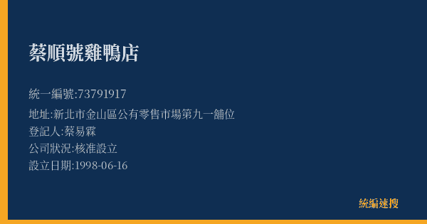 蔡順號雞鴨店的照片-統編 73791917(新北市) 公司登記資料與營業項目詳細圖表