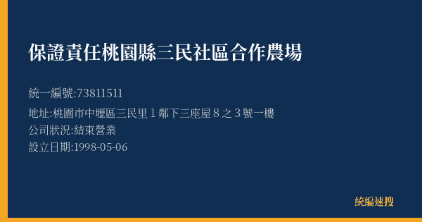 保證責任桃園縣三民社區合作農場的照片-統編 73811511(桃園市) 公司登記資料與營業項目詳細圖表